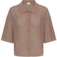 Brown fransa Janey 1 women's cardigan, short-sleeved, button-up, with a collared, open-knit design.