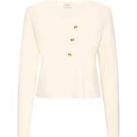 Cream women's cardigan by fransa, long sleeves, round neckline, three gold buttons down the front.