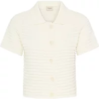 Cream women's cardigan fransa Perri 1 with short sleeves, ribbed texture, and button-up front.