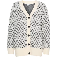 Cream Ichi IHAlvino women's cardigan with black diamond pattern and black buttons.