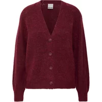 Burgundy women's cardigan by Ichi with V-neck, button closure, and long sleeves.