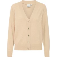 Beige women's cardigan Ichi IHTrilla with V-neck, long sleeves, and button front closure.