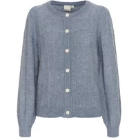 Blue knit women's cardigan Ichi Kamara 10 with round neckline, button front, and ribbed cuffs.