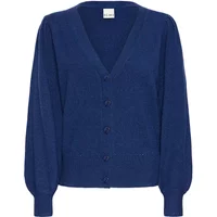 Blue women's cardigan by Ichi Sella with V-neck, button front, and long sleeves.