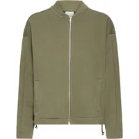 Olive green women's cardigan by Ichi, featuring a zip front, long sleeves, and a ribbed collar.
