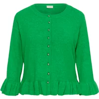 Green women's cardigan by KAFFE Curve with button front and ruffled hem.