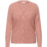 Pink KAFFE Curve women's cardigan with V-neck, button closure, and ribbed cuffs and hem.
