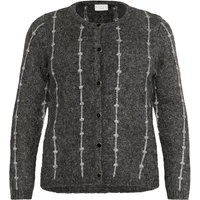 Gray women's cardigan with white vertical stripe pattern and black buttons by KAFFE Curve.