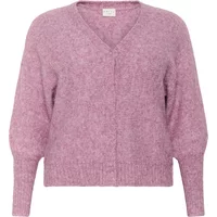 Purple women's cardigan by KAFFE Curve, V-neck, long sleeves, ribbed cuffs, and hem.