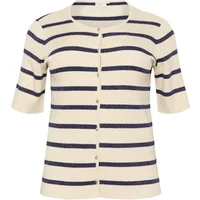 Beige and navy striped women's cardigan with short sleeves and button front by KAFFE Curve.