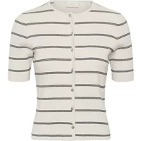White women's cardigan with black horizontal stripes, short sleeves, round neckline, and front buttons by Kaffe.
