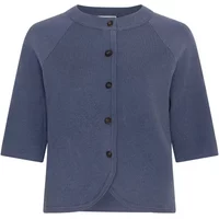 Blue women's cardigan by Moss Copenhagen with round neckline, button-up front, and three-quarter sleeves.