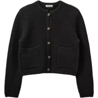 Black Sofie Schnoor Kyrasw women's cardigan with textured knit, round neckline, front buttons, and two front pockets.