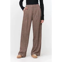 Brown plaid women's casual long trousers with wide legs and high waist.