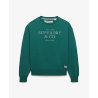 Green Superdry Luxe Casual women's sweatshirt with crew neck and ribbed cuffs, featuring "Superdry & Co" text on front.