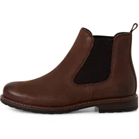 Brown leather Chelsea boot with elastic side panels and pull tab, featuring a low heel and stitched sole.