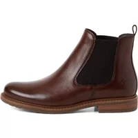 Brown leather Chelsea boot with elastic side panels and pull tab, featuring a low stacked heel and round toe.