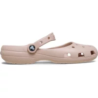 Beige women's Crocs Classic clogs with ventilation holes and adjustable heel strap.