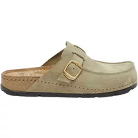 Beige Scholl Bora women's clog with buckle strap, cork sole, and black rubber outsole.