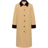 Tan women's coat with dark brown collar and cuffs, button-down front, long sleeves, knee-length design.