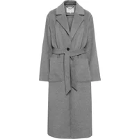 Gray women's KAFFE KAElona coat with wide lapels, single button closure, and matching waist tie.