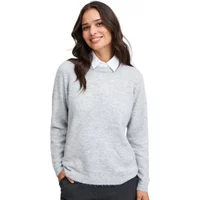 Gray women's sweater with a white collar underneath, long sleeves, and a relaxed fit.