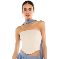 Women's beige strapless corset by Goddiva with a fitted design and curved hem, paired with a light blue scarf.