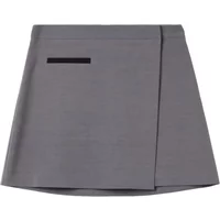 Gray women's cotton blend mini skirt by Stefanel with a front slit and a small black pocket detail.