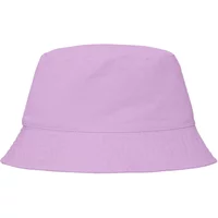 Pink cotton bucket hat, wide brim, soft fabric, organic cherry blossom shade.