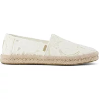 Women's crochet floral print espadrilles with beige rope sole, slip-on style by TOMS.