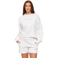 White Guess women's crop sweatshirt with long sleeves and subtle logo on chest.