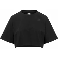 Black women's crop T-shirt by Kappa, short sleeves, crew neck, subtle logo on chest.