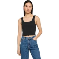 Black Urban Classics women's crop top, sleeveless with a square neckline, paired with blue jeans.