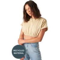 Beige women's cropped T-shirt by 24 Colours, short sleeves, elastic hem, made from recycled material.
