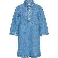 Women's denim dress by b.young, knee-length, button-up front, long sleeves, and classic collar.