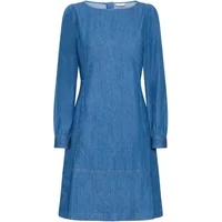 Women's denim dress by b.young, long sleeves, round neckline, knee-length, blue fabric.