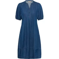 Women's blue denim dress with short puff sleeves, V-neck, and knee-length A-line silhouette.