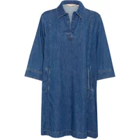 Women's denim dress with three-quarter sleeves, collar, and front pockets.