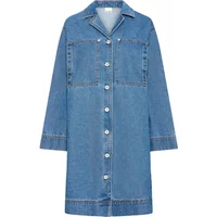 Women's denim dress Ichi IHMianna, button-front, long sleeves, pointed collar, mid-length, light blue wash.