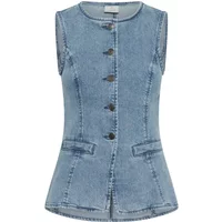 Women's Denim Gilet KAFFE KAVallis, sleeveless, button-up, light blue wash, tailored fit, front pockets.