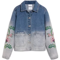 Women's denim jacket with floral embroidery on sleeves, faded blue gradient, button-up front, and two pockets.