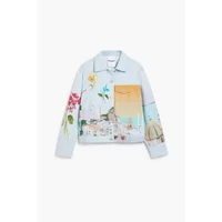 Women's denim jacket with floral and abstract prints, featuring a tan patch pocket and button-up front.