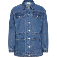 Women's blue denim jacket by Ichi with button front, chest pockets, and long sleeves.