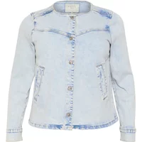 Light blue women's denim jacket by KAFFE Curve, featuring a round neckline, button closure, and front pockets.