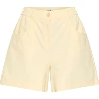Cream-colored women's denim shorts by Ichi with front button closure and side pockets.