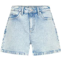 Light blue women's denim shorts by Ichi Unni, high-waisted with front button and pockets, faded wash.