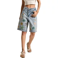 Women's denim shorts with colorful sea-themed embroidery, mid-thigh length, relaxed fit, by It's Basic.