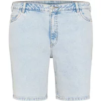 Light blue denim shorts with a high waist, button closure, and front pockets by KAFFE Curve.