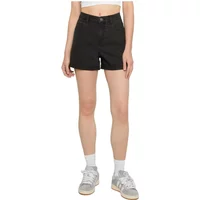 Black high-waisted denim shorts with button closure, front pockets, and a straight hem.
