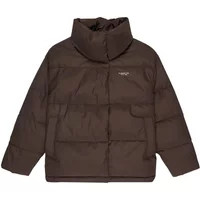 Brown women's down jacket by Element Aspen with high collar and front pockets.